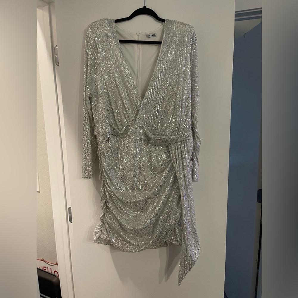 Center Stage Sequin Mini Dress—White/Silver